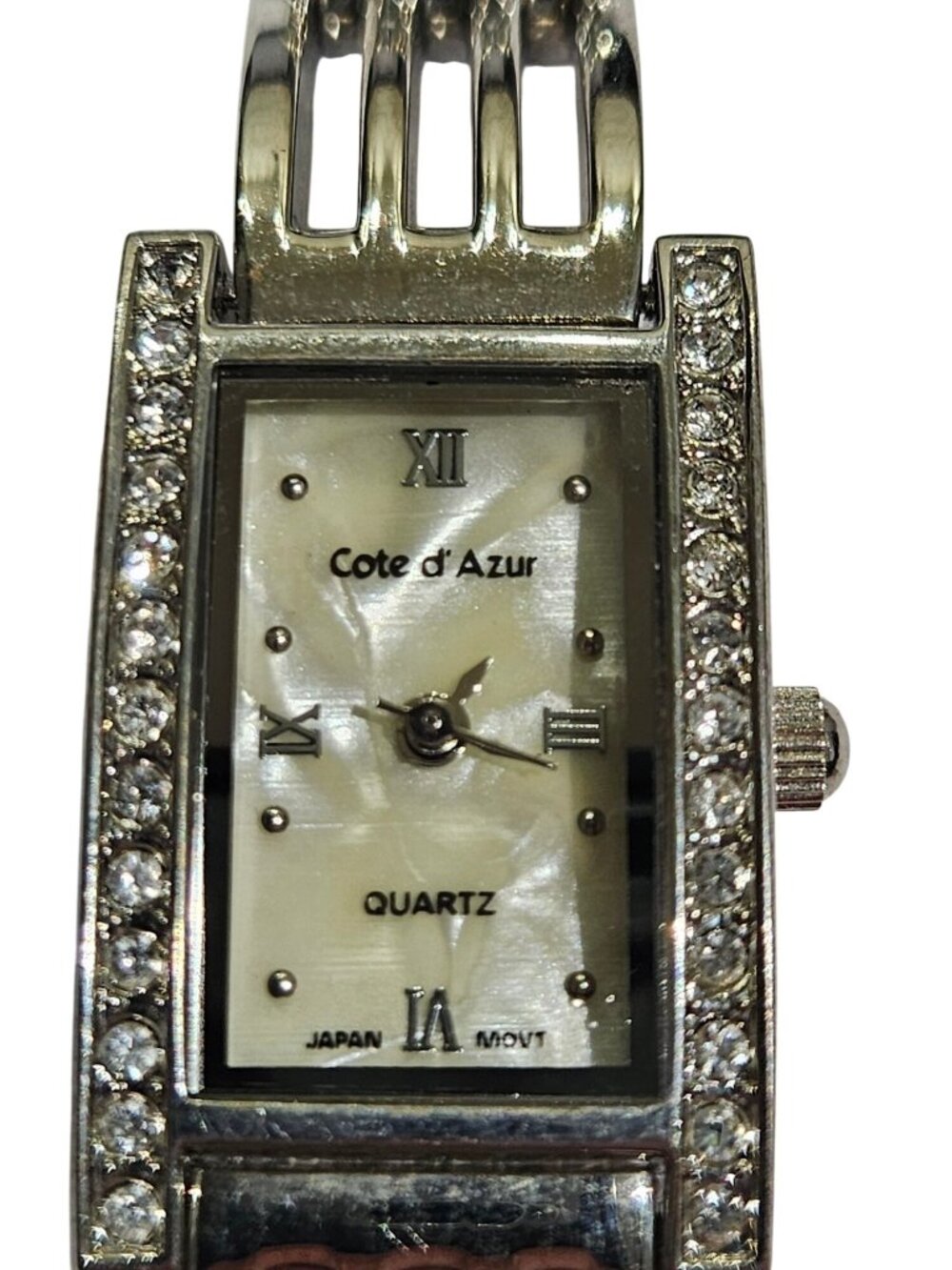 Cote D'Azur Quartz Watch Silvertone Mother of Pearl Rhinestones 6.75 in Untested